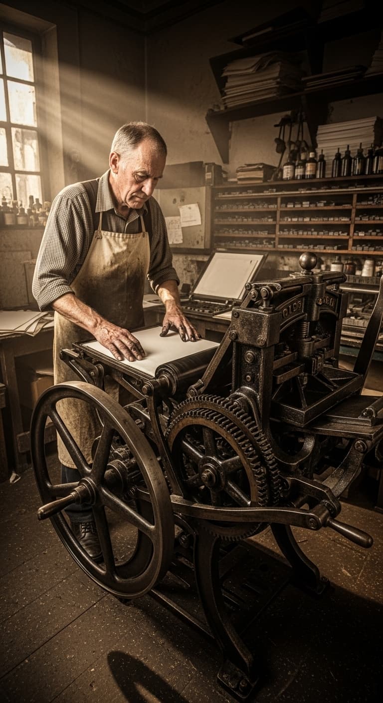AI generated: an old man operates an old printing press, full body, cinematic, 4k