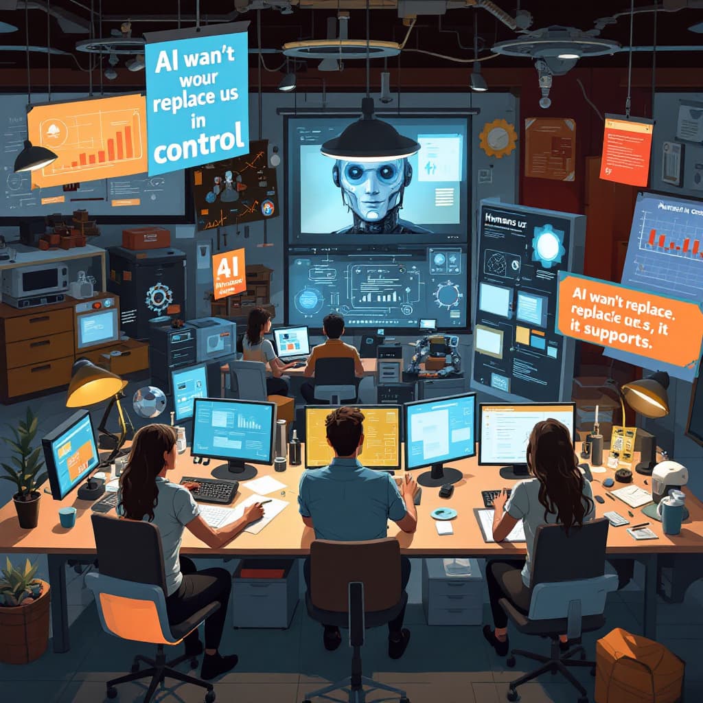 AI generated: A realistic and conceptual digital illustration showing people's beliefs about the future of Artific...