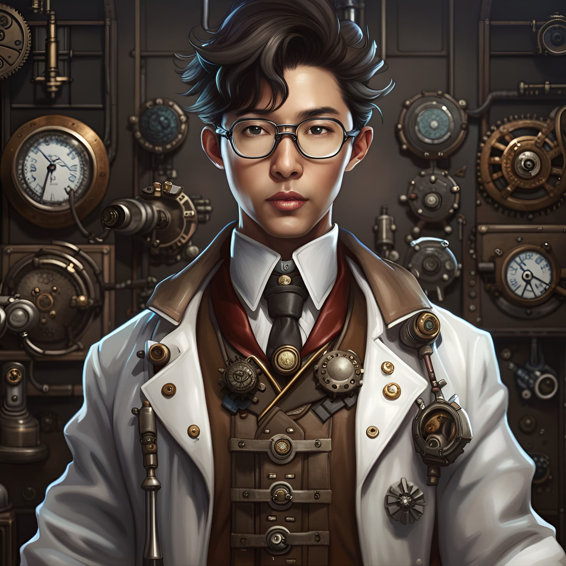 AI generated: steampunk korean kpop scientist, lab coat, perfect composition, hyperrealistic, super detailed, 8k, ...
