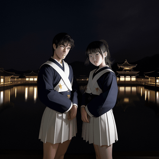 AI generated: On a dark and windy night, two handsome young magical men wearing sailor suits stood on the roof of ...