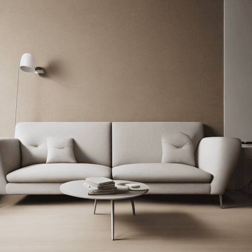 AI generated: Photograph, contemporary living room, soft light of morning, integration of beige flooring and matte...