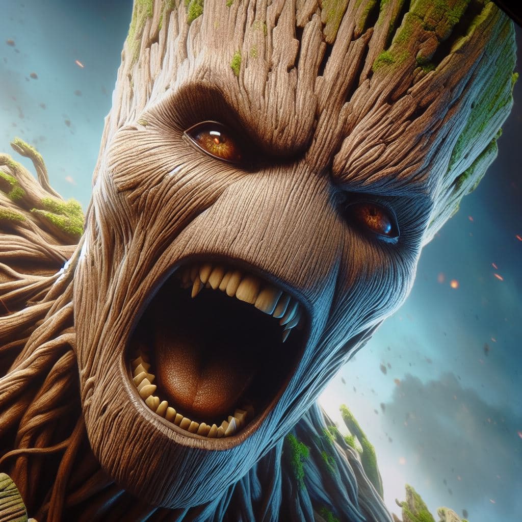 AI generated: close up of Groot of Marvel screaming, in a fit of rage, Masterpiece, gigantic scale, ascii-art --no...