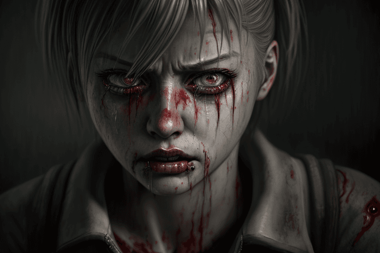 AI generated: woman, angry, WOMAN full body, crying blood insipired by Silent Hill, beautiful and detailed artwork...