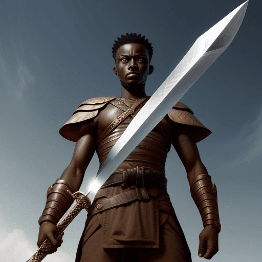 AI generated: a man stands with a sword against a Ghanaian flying eye