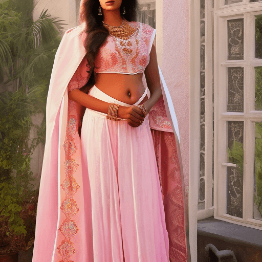 AI generated: A South indian female, 5.6 height medium build, wearing a baby pink salwar with white embroidery bor...