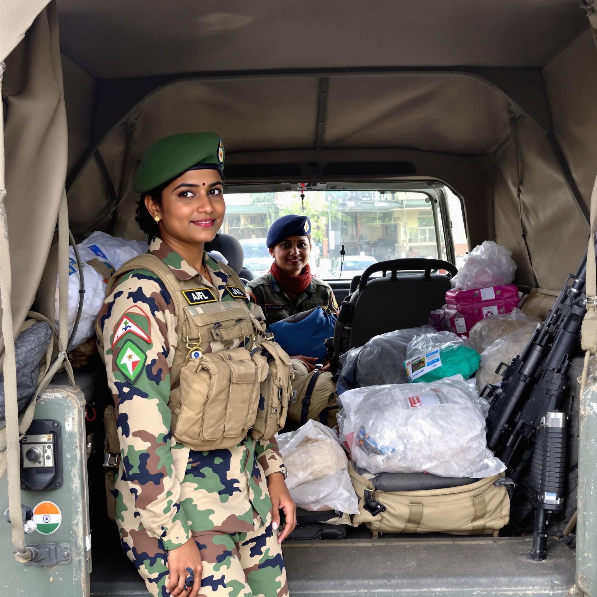 AI generated: A nice female Indian soldier standing behind an army Jeep with military gear and supplies, including...