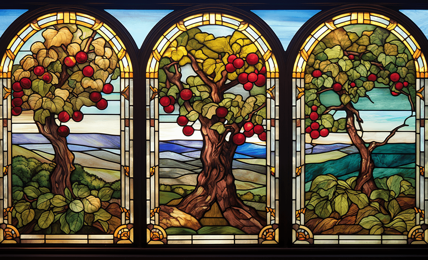 AI generated: Three decorative windows, each with a different stained glass design depicting an apple orchard and ...