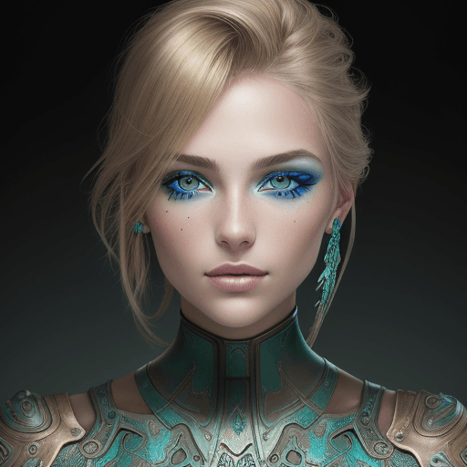 AI generated: front direct view portrait of blond woman head, brown eyes, metalic skin, disappearing into the pati...