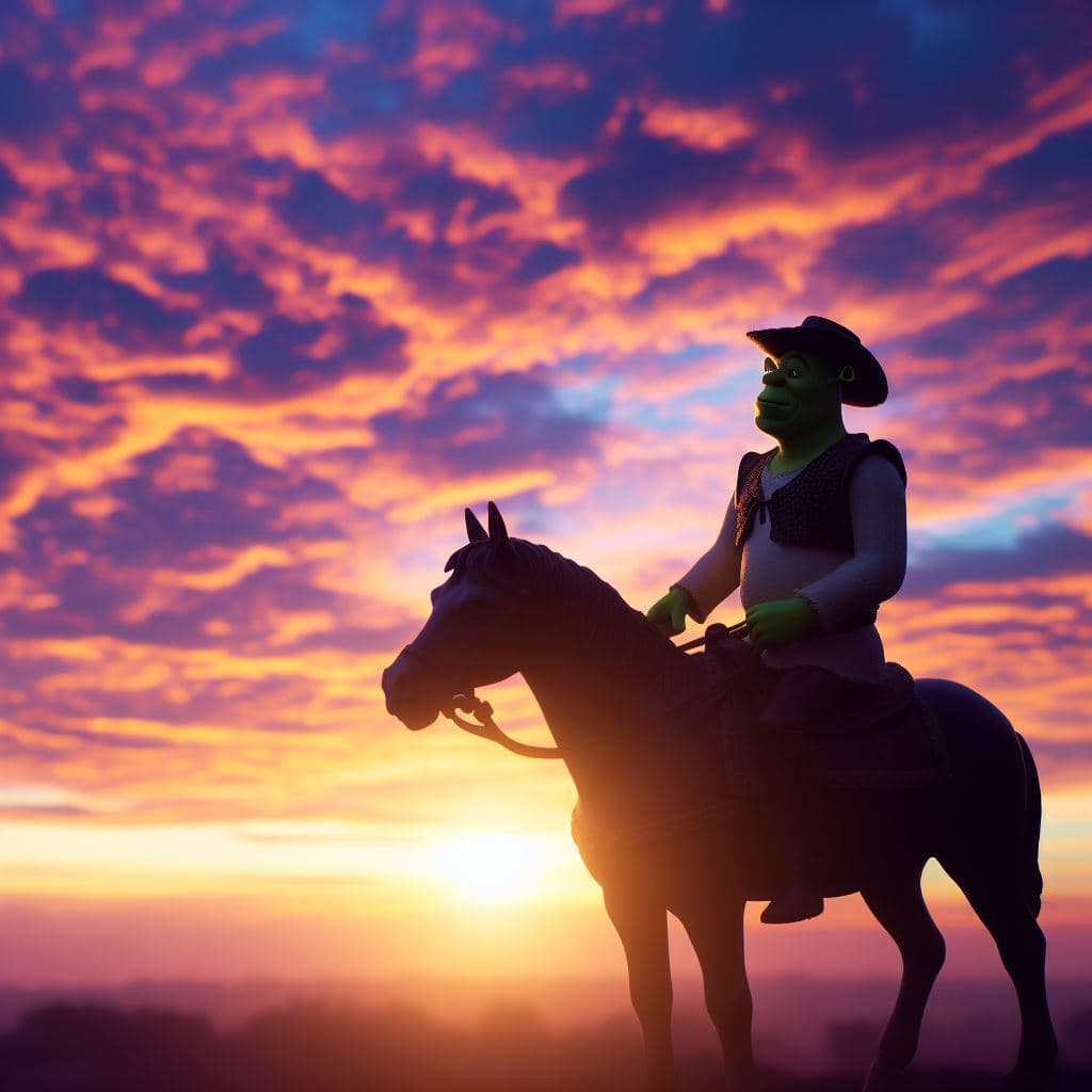 AI generated: silhouette of a cowboy shrek riding into the sunset, c4d, dreamy and optimistic, vibrant sky