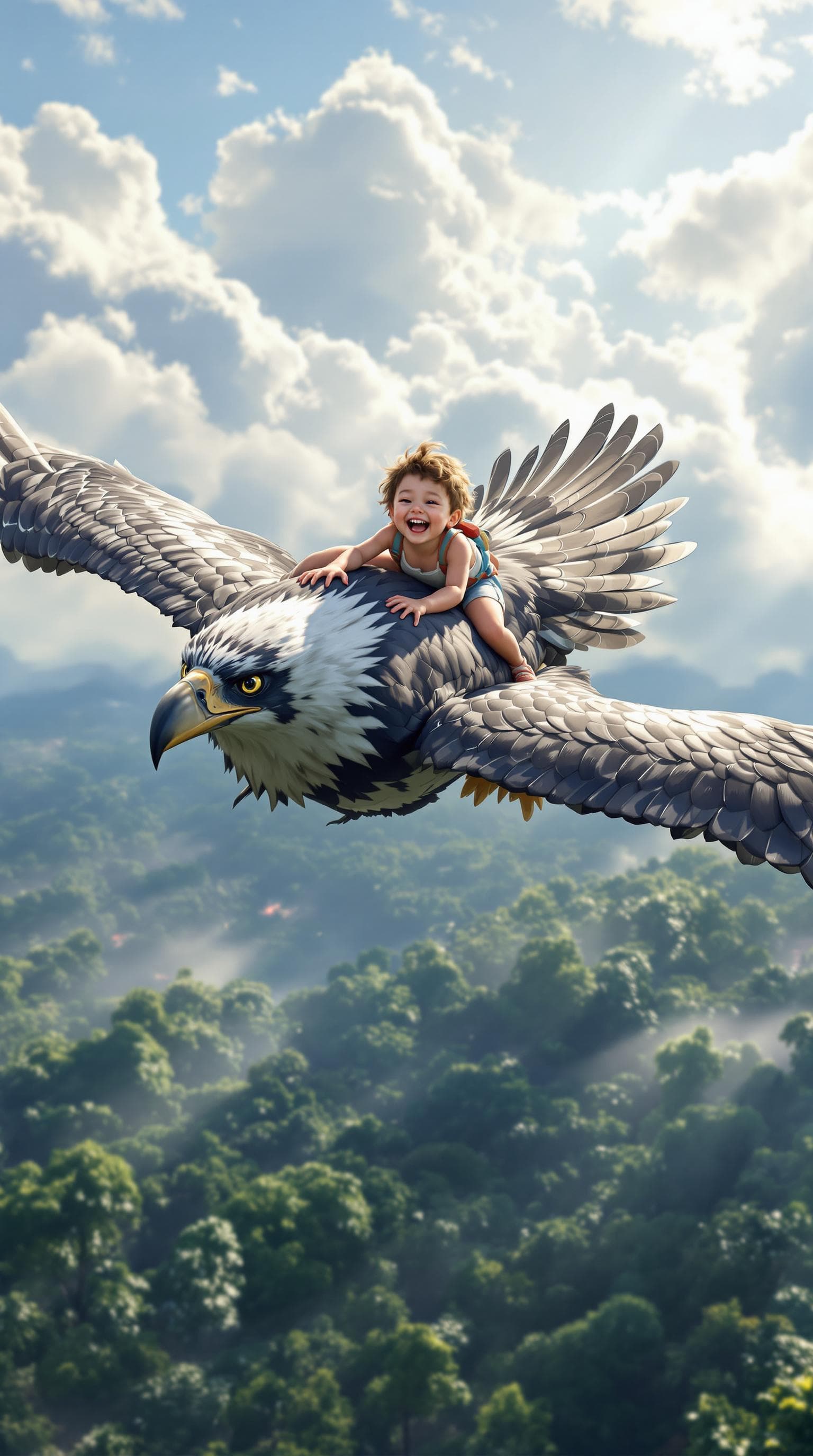 AI generated: A highly realistic and dynamic animation of a young child riding a massive Harpy Eagle, soaring thro...