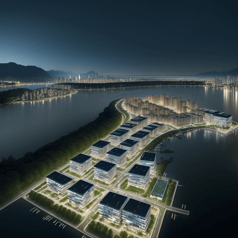 AI generated: a magnificent modern ecotourism village with different residential buildings designed by architect S...