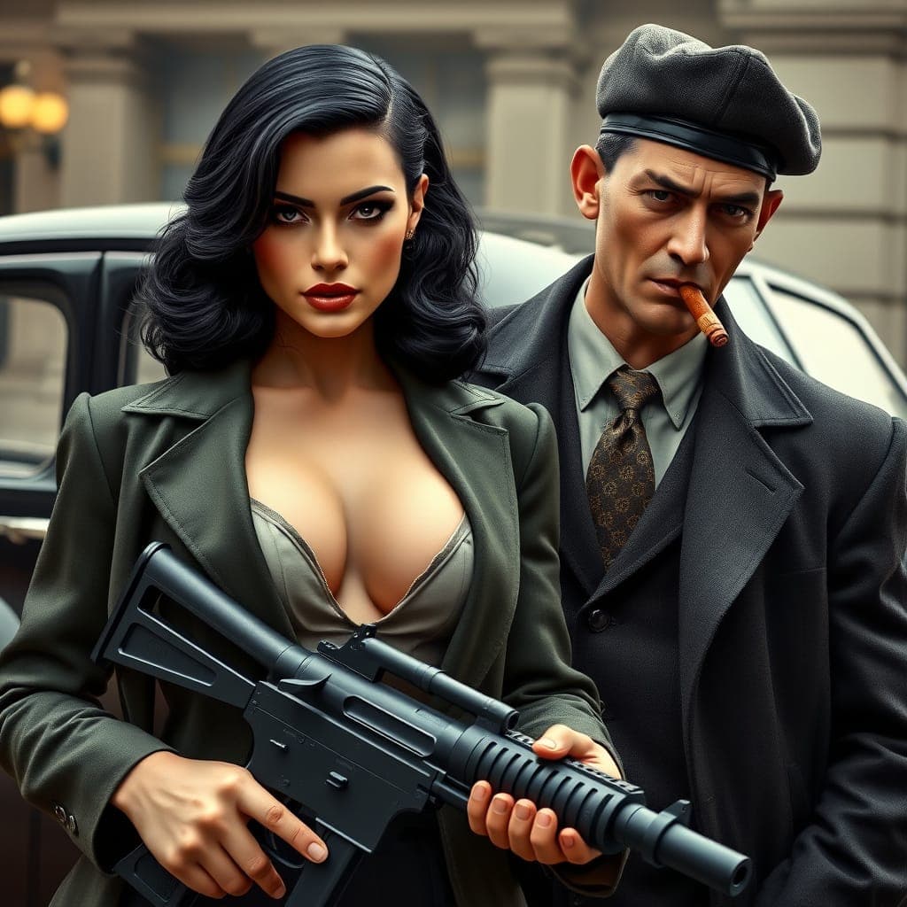 AI generated:  Hyper realistic picture of a stunning, thin black haired 1940s ganster, her jacket and shirt is unb...