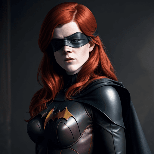 AI generated: Rose Leslie wearing a blindfold and dressed as Batgirl