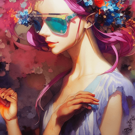 AI generated: Beautiful anime watercolor painting of summerpunk lady. summer chill day, paint dripping by tim okam...