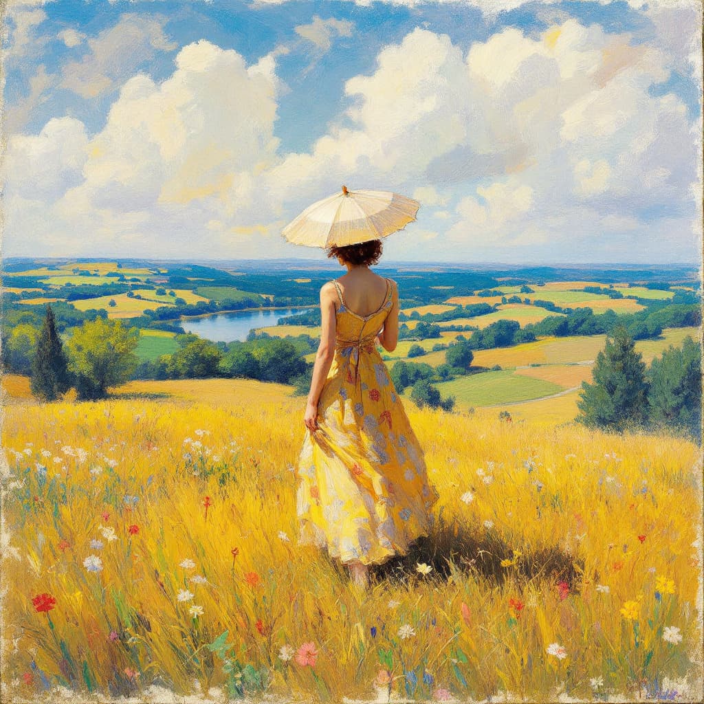 AI generated: 
landscape of woman with parasol in the style of Pierre-Auguste Renoir
painting by Pierre-Auguste Re...