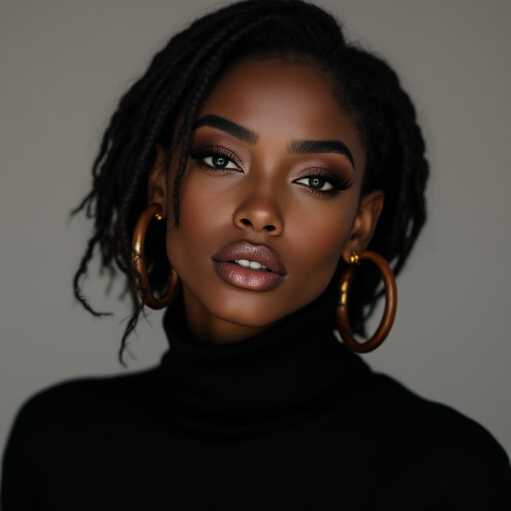 AI generated: a woman wearing a crewneck (Balenciaga) and brown hoop earrings, in the style of darker skin tone, s...