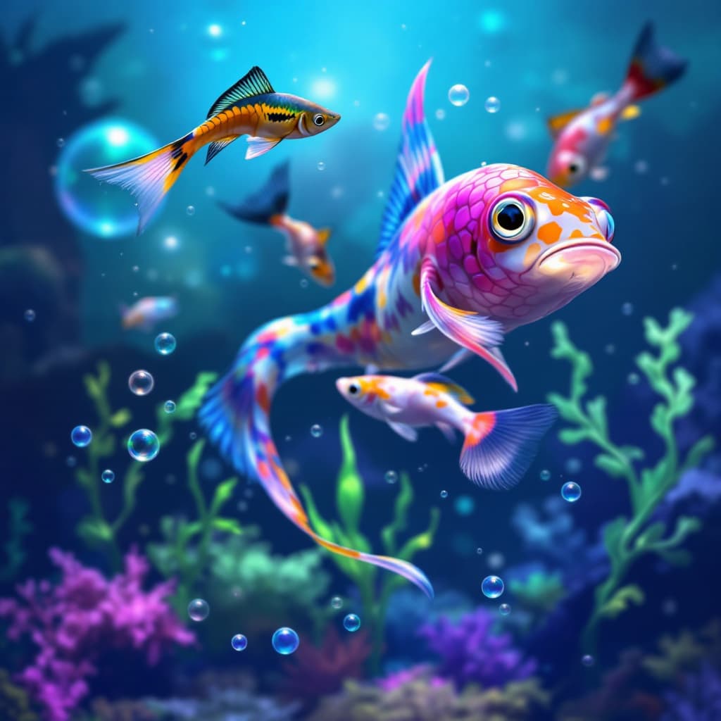 AI generated: 
guppies, fins, gills, guppies, bubbles, neons, scales, currents 
--ar 16:9 --profile 9wfmrw7 993hh3...