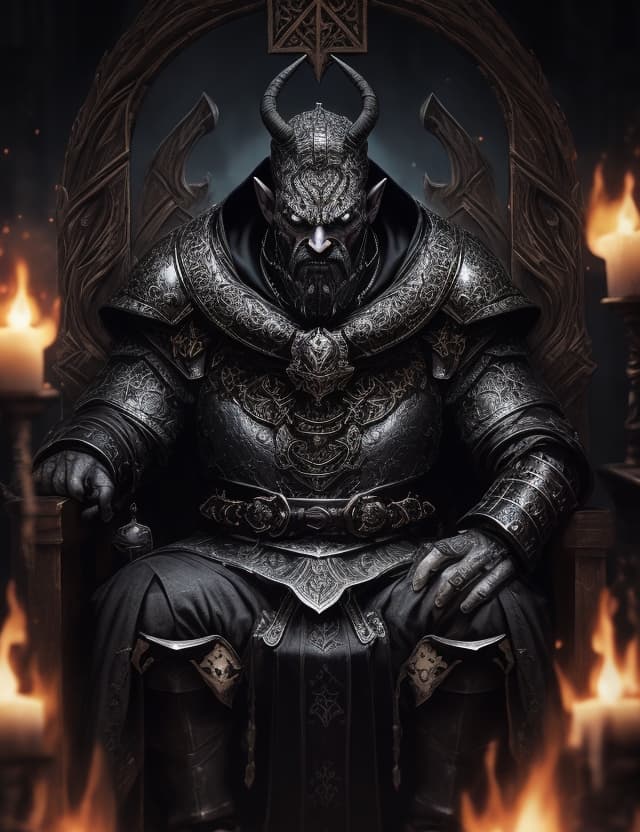 AI generated: a fantacy game the king elegant dark psychology ,balrog head still a life full body sitting the benc...