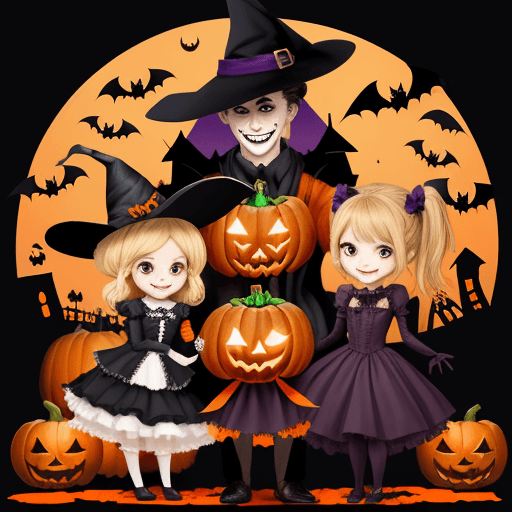 AI generated: create an image of the whole Halloween characters. cheerful and cocky. like family picture. 