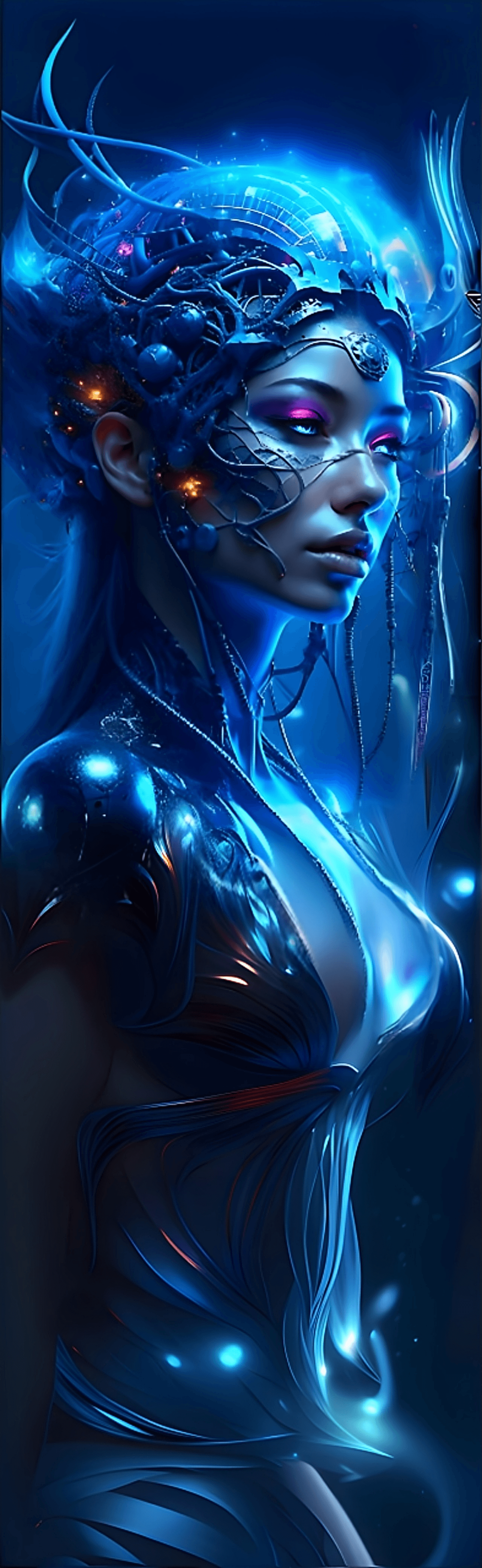 AI generated: Fantasy creature morphing from nemesis, diamond skin, sapphire hair, ice eyes, intricate detail, fan...