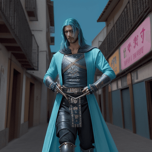 AI generated: hombre medieval, espada en mano, runas, palabras griegas, bonito y estético, el hombre apunto de lle...