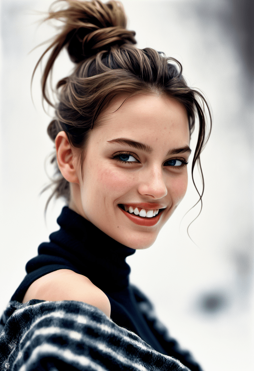 AI generated: A close-up portrait of a beautiful woman, smiling, messy bun hair style, natural and highly detailed...