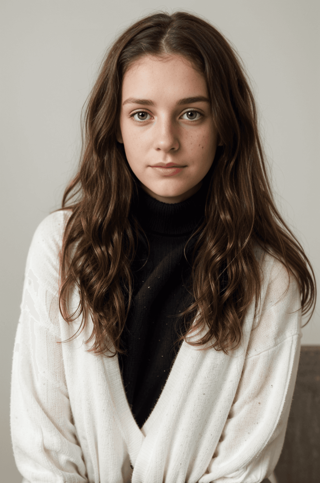 AI generated: portrait of a girl wearing a black sweater and a white shirt underneath. The girl has wavy hair and ...
