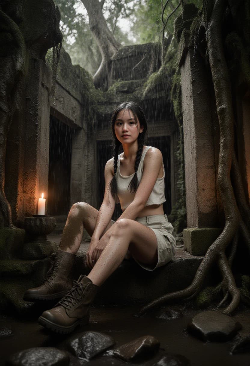 AI generated: In the heart of an ancient jungle temple, amidst the mysterious darkness, sits a young adventurer, h...