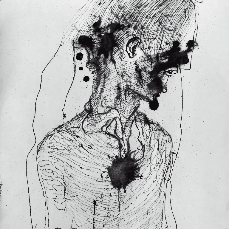 AI generated: Ink illustration,  paranoid, annotated, messy, disorganized, man with Anatomical incomplete drawing,...