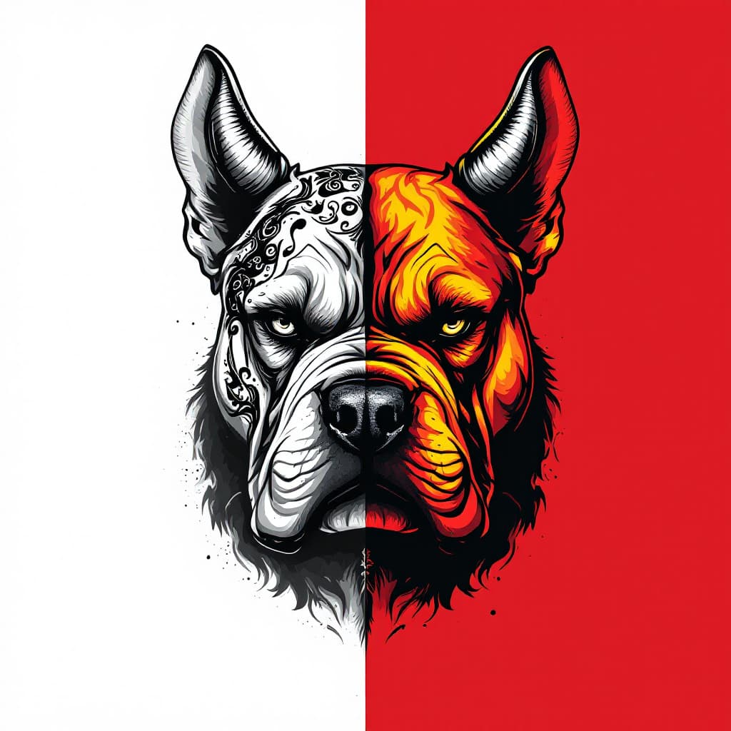 AI generated: A portrait of a bulldog with horns, split into two contrasting halves. One side is grayscale with in...