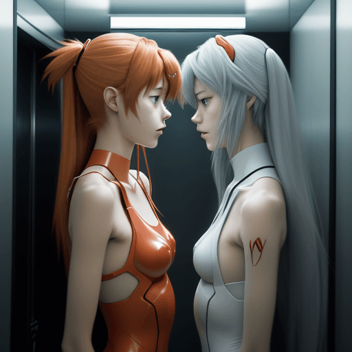 AI generated: asuka langley and ayanami rei fron neon genesis evangelion are talking inside elevator realistic ult...