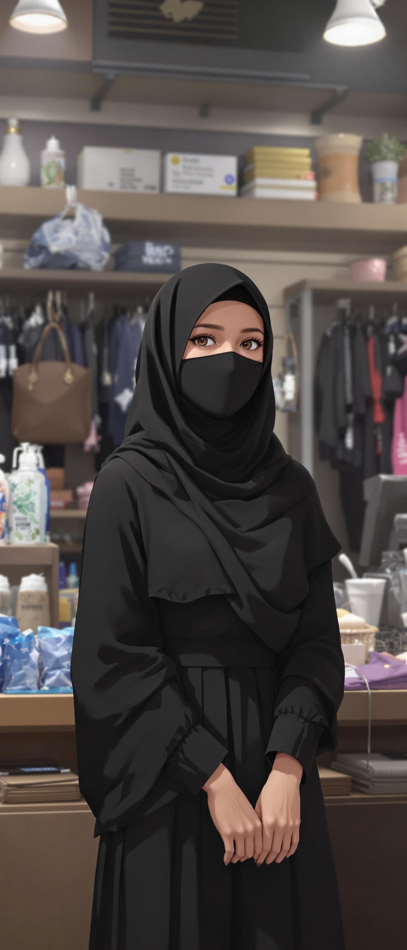 AI generated: anime of a girl, wearing a black hijab with the covering face like a Arabian woman in black clothes,...