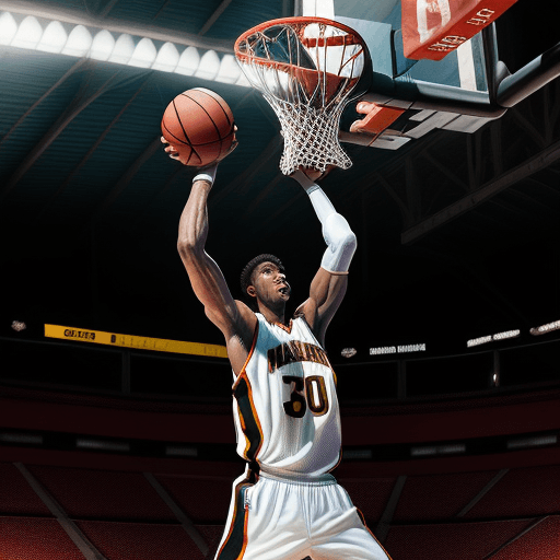 AI generated: In the dimly lit stadium, capture a hyper realistic basketball highlight featuring an explosive slam...