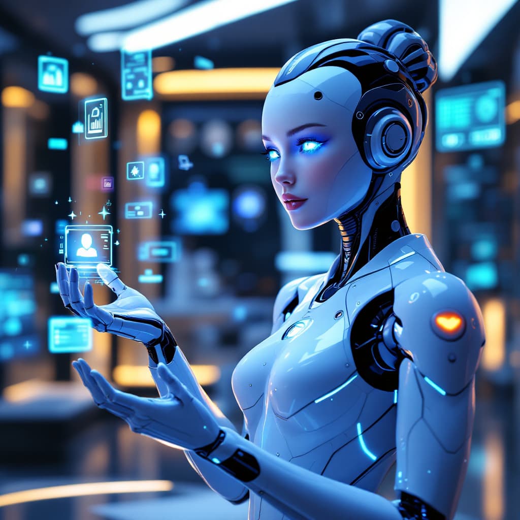 AI generated: A hyperrealistic image of a futuristic female android named Alicia, designed to manage digital docum...