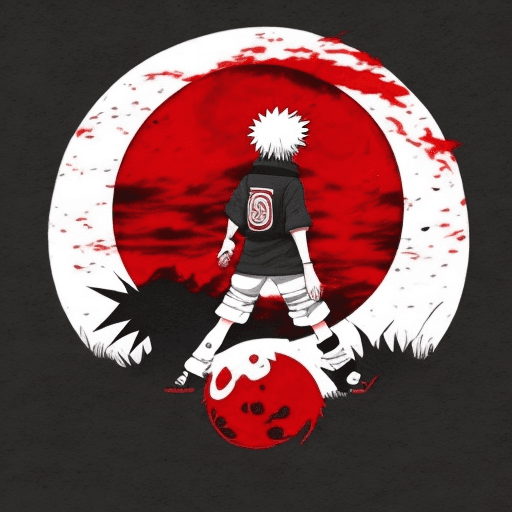 AI generated: t-shirt design format, naruto, black background, red moon behin him