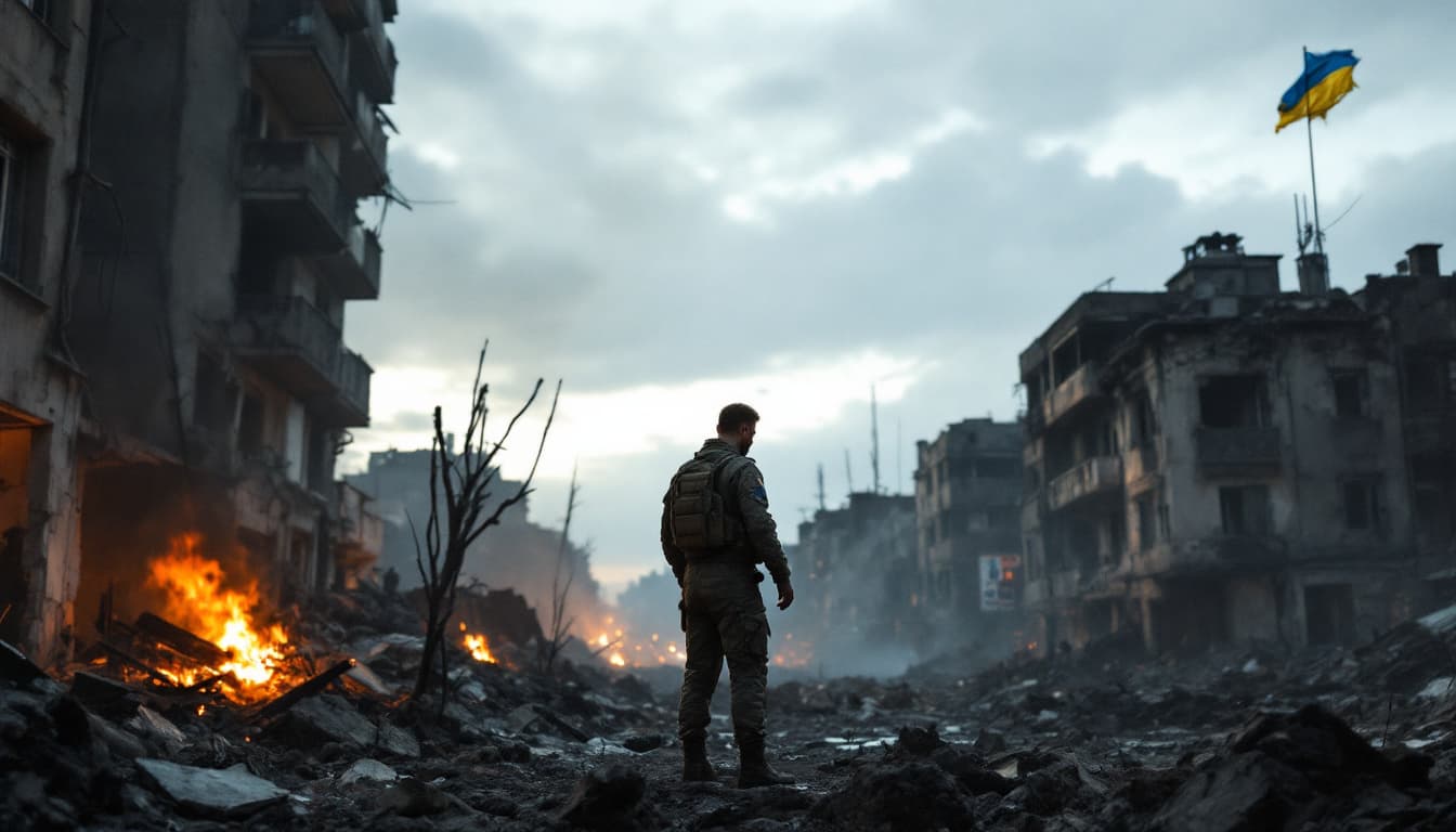 AI generated: A tired Ukrainian soldier stands in the middle of a destroyed city. There are ruins and fires all ar...