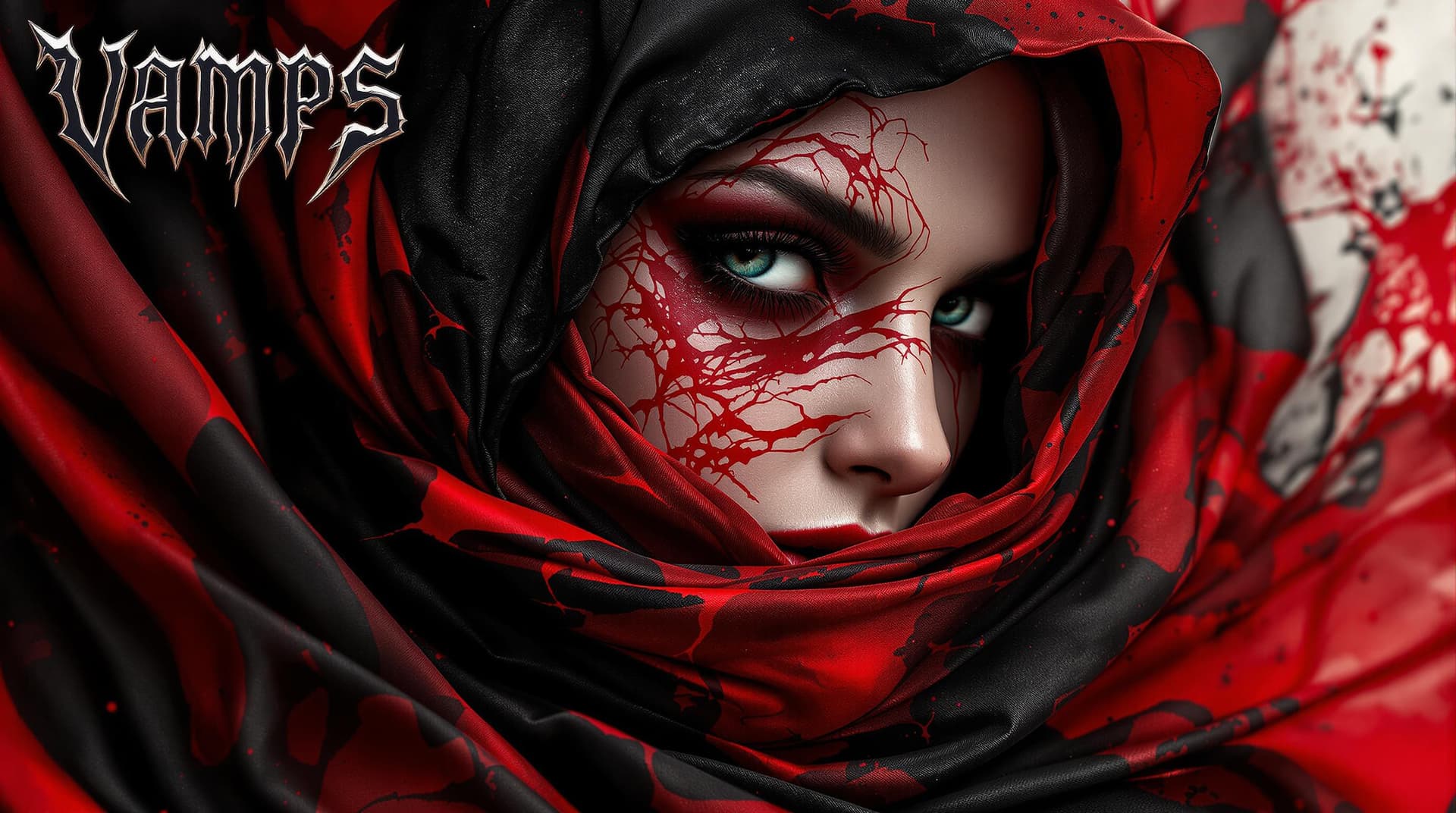 AI generated: VAMPS  horror magazine cover features a mesmerizing close up of  woman wrapped in a   red and black ...