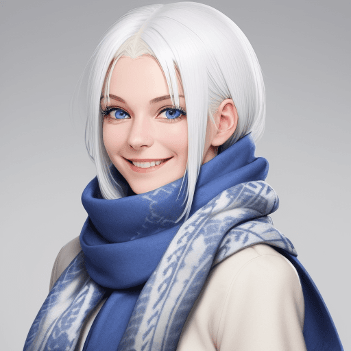 AI generated: a smiling girl with white hair and blue eyes in a long scarf