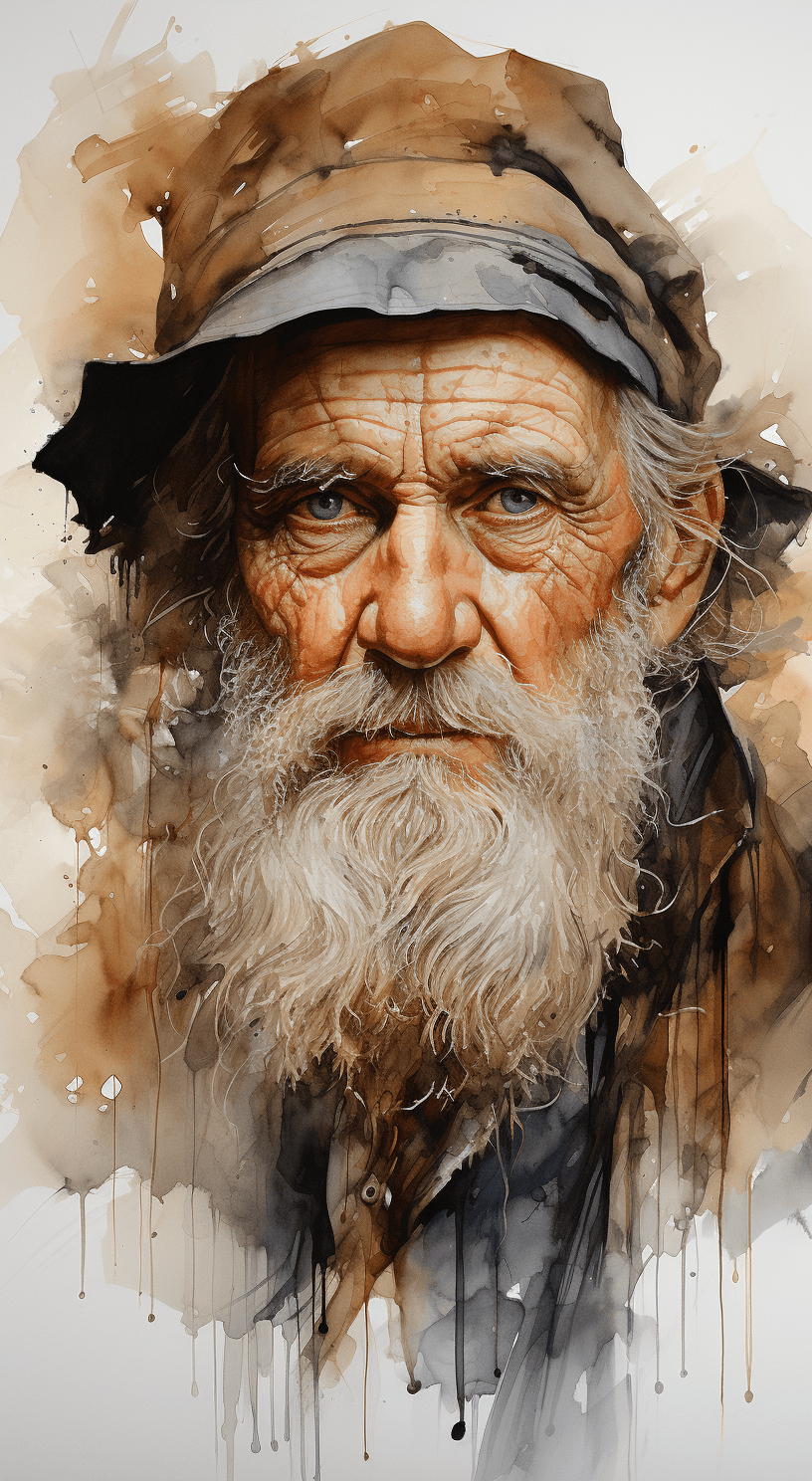 AI generated: portrait of an elderly man with painted face in golden brown with white outline, in the style of pir...