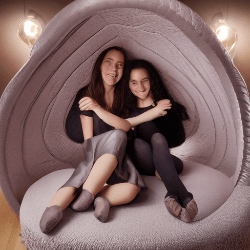 AI generated: 2girls, young teens in a cozy futuristic oval leather living cell