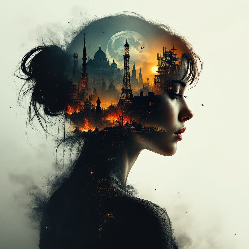 AI generated: Abstract style dystopian future with elements of an apocalyptic war inside the silhouette of a woman...