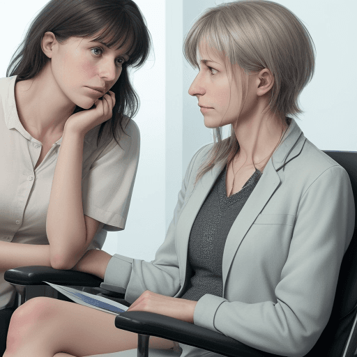 AI generated: A highly realistic, photo-like image showing a person talking to a psychologist in a professional, s...
