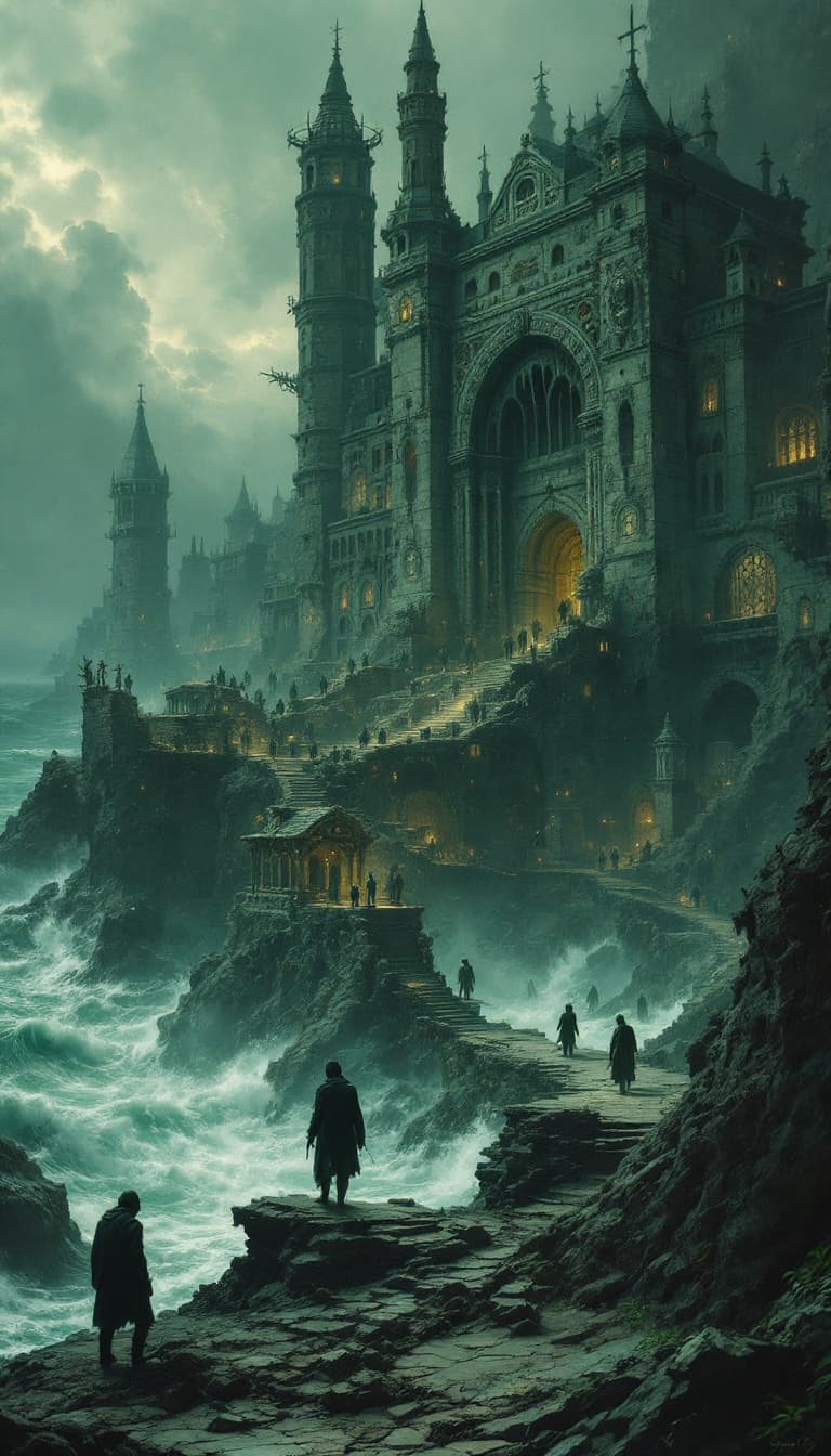 AI generated: Necromancy,Coastal Town,Decaying Architecture,Eldritch Horror,Zombie-like Inhabitants,Cosmic Terrors...