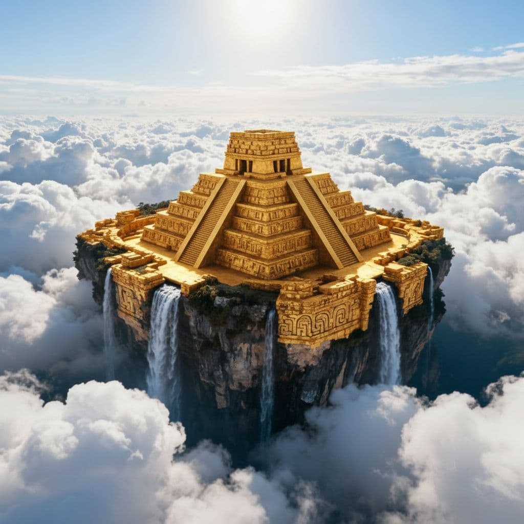 AI generated: recreate as a golden castle in the sky with water flowing from the side