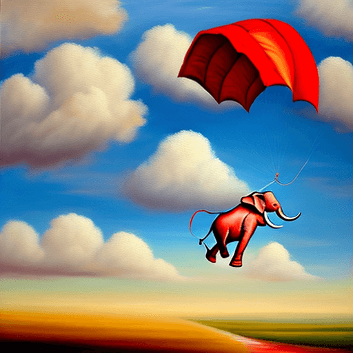 AI generated: Falling elephant attached to one red parachute amidst sunny clouds.
Style: oil painting