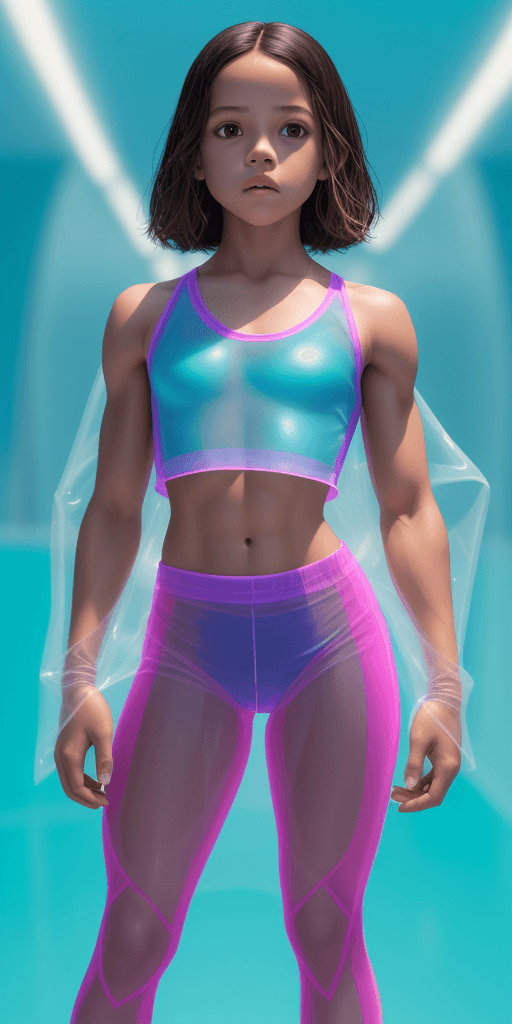 AI generated: young jenna ortega with small waist and boy like physique posing in transparent women sportswear sta...