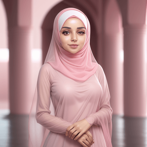 AI generated: muslim woman wearing pink color transparent hijab, full body photo, seductive restrained smile, roun...