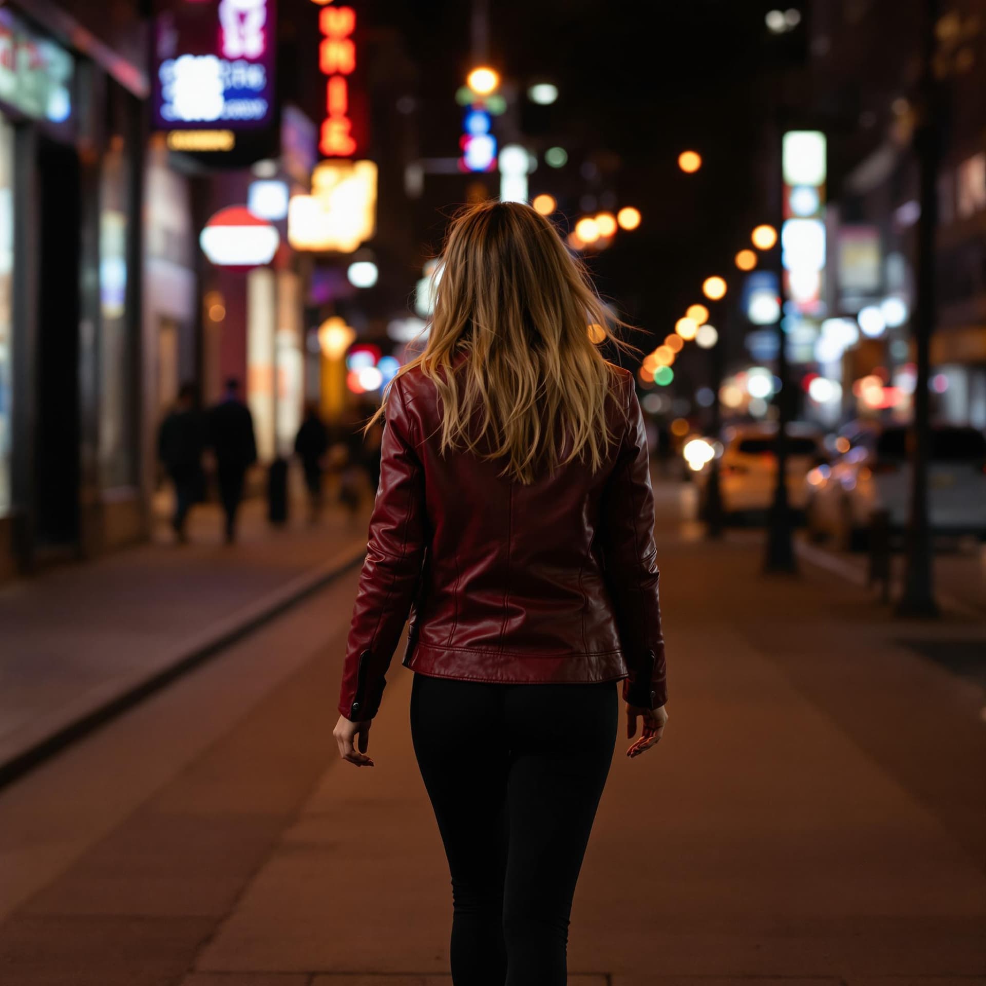 AI generated: In the image, a woman is seen walking on a city street at night. She is wearing a red leather jacket...