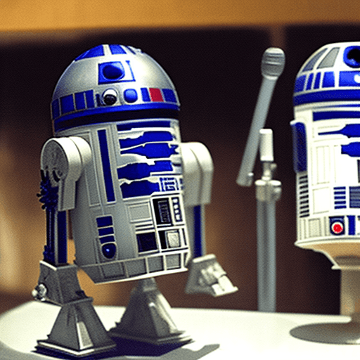 AI generated: R2D2 speaking into a microphone while hosting a podcast from an alien’s garage studio 