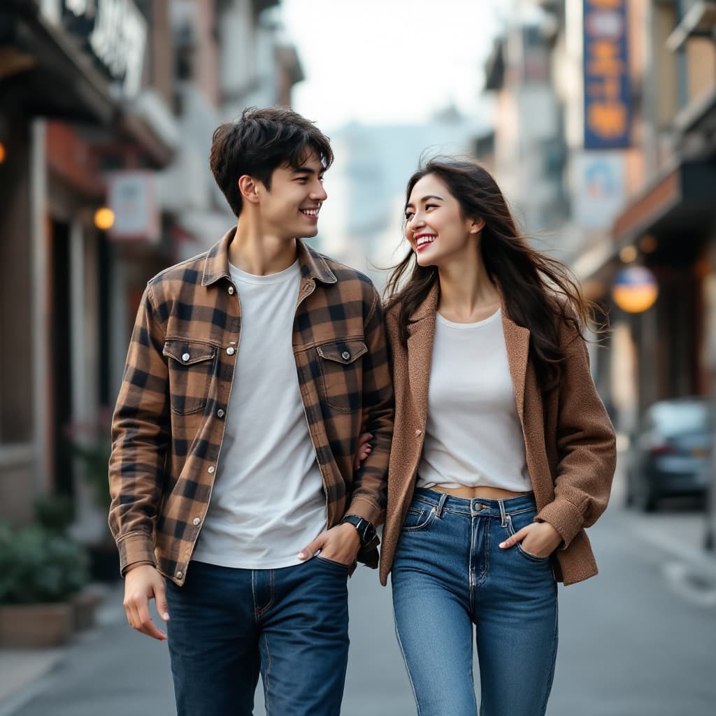 AI generated: "A young man and woman in South Korea walking joyfully while wearing jeans, depicted without wearing...